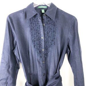 NWT Lauren Ralph Lauren Shirt Dress Womens 6 Blue 100% Linen Ruffled Belted Midi